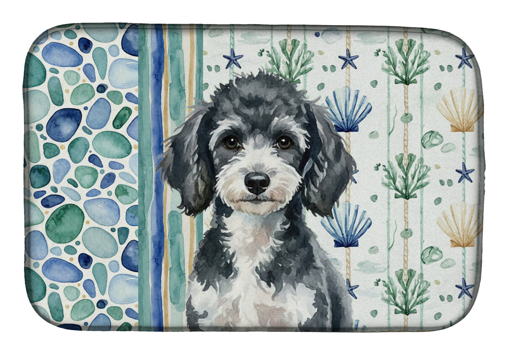Miniature Parti Poodle Coastal Sea Glass Dish Drying Mat Absorbent Dish Drying Mat Pad for Kitchen Counter Dish Drainer Mat for Countertop, 14 x 21", Multicolor
