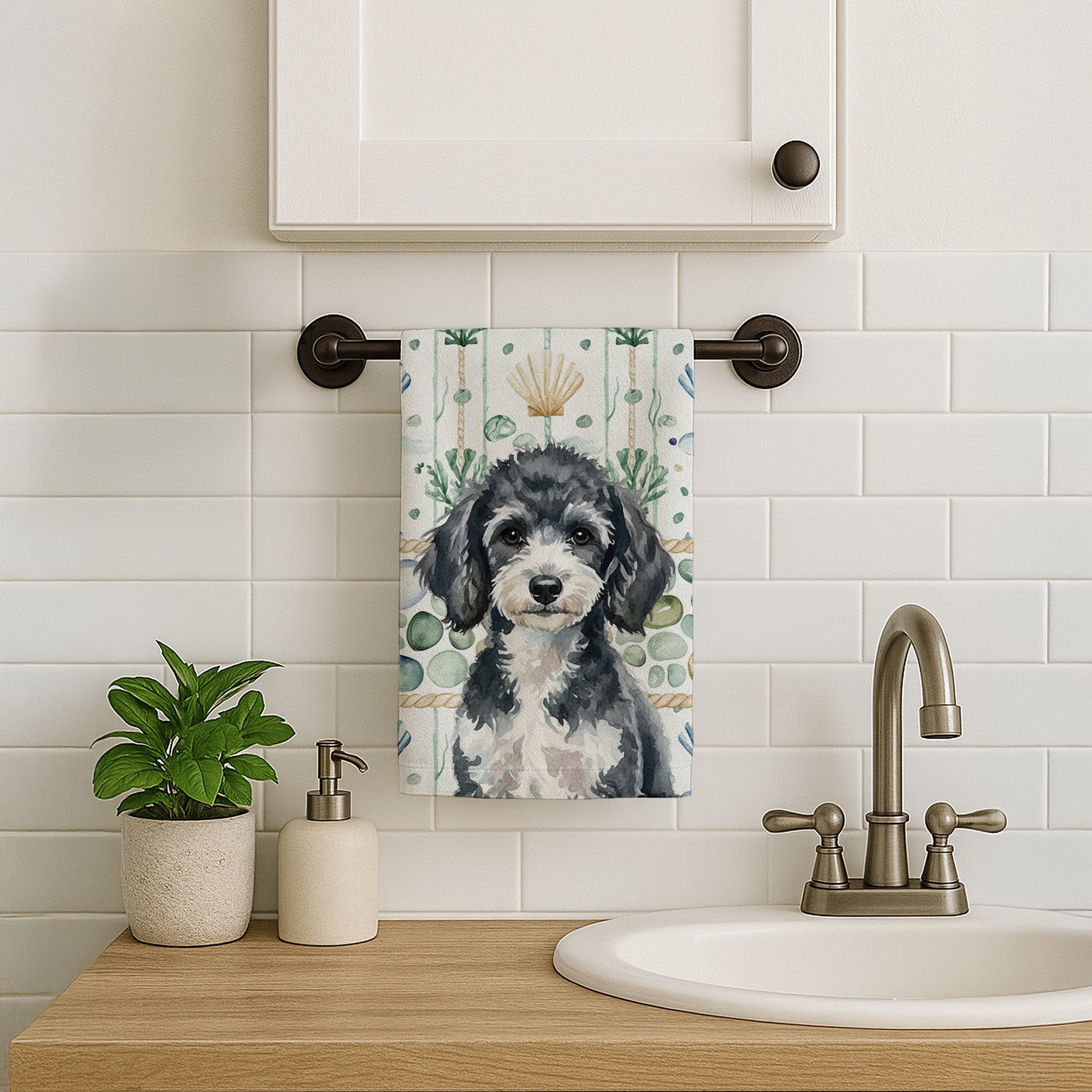 Miniature Parti Poodle Coastal Sea Glass Kitchen Towel Velour Plush Front and Cotton Loop Back Machine Washable