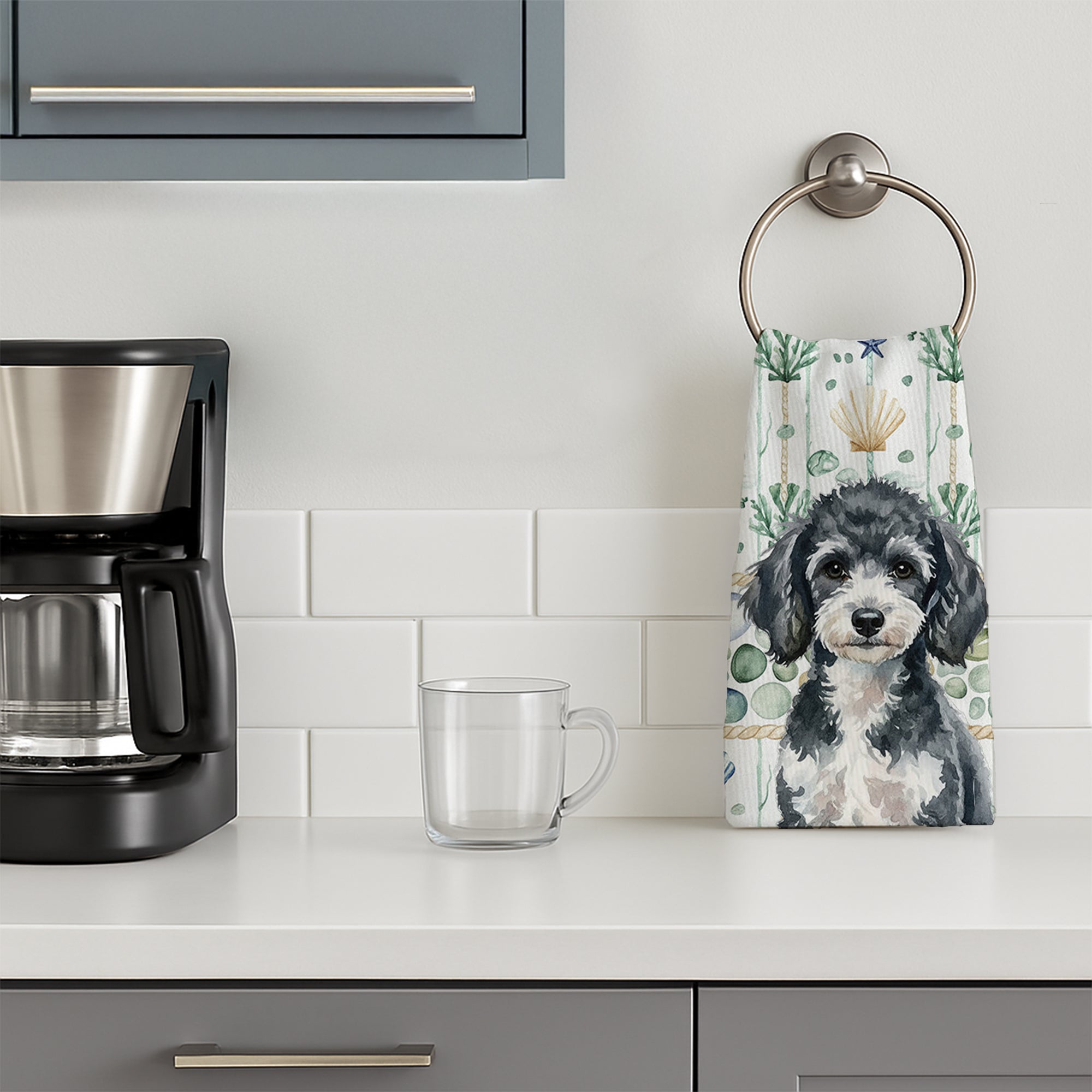 Miniature Parti Poodle Coastal Sea Glass Kitchen Towel Velour Plush Front and Cotton Loop Back Machine Washable