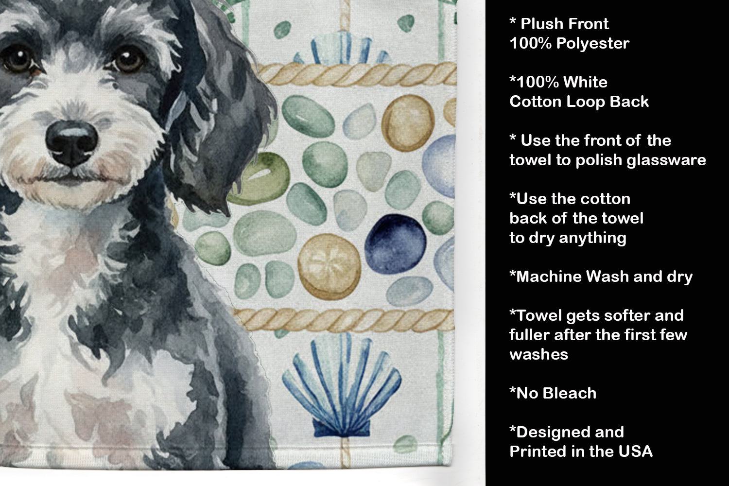 Miniature Parti Poodle Coastal Sea Glass Kitchen Towel Velour Plush Front and Cotton Loop Back Machine Washable