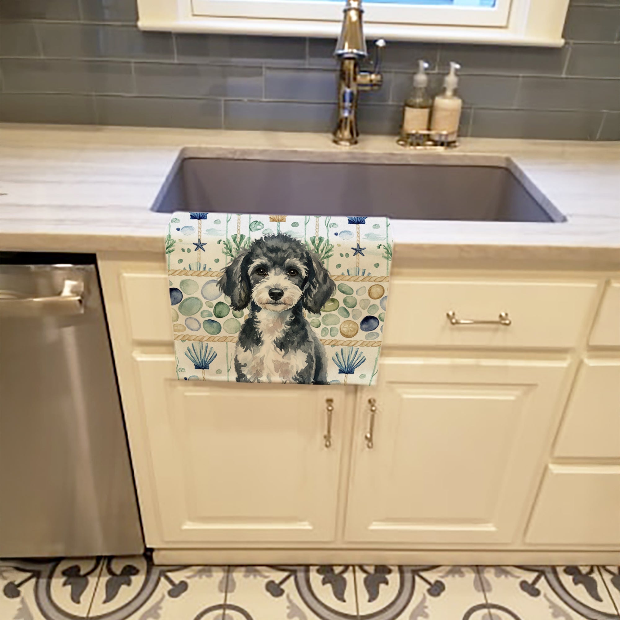 Miniature Parti Poodle Coastal Sea Glass Kitchen Towel Velour Plush Front and Cotton Loop Back Machine Washable