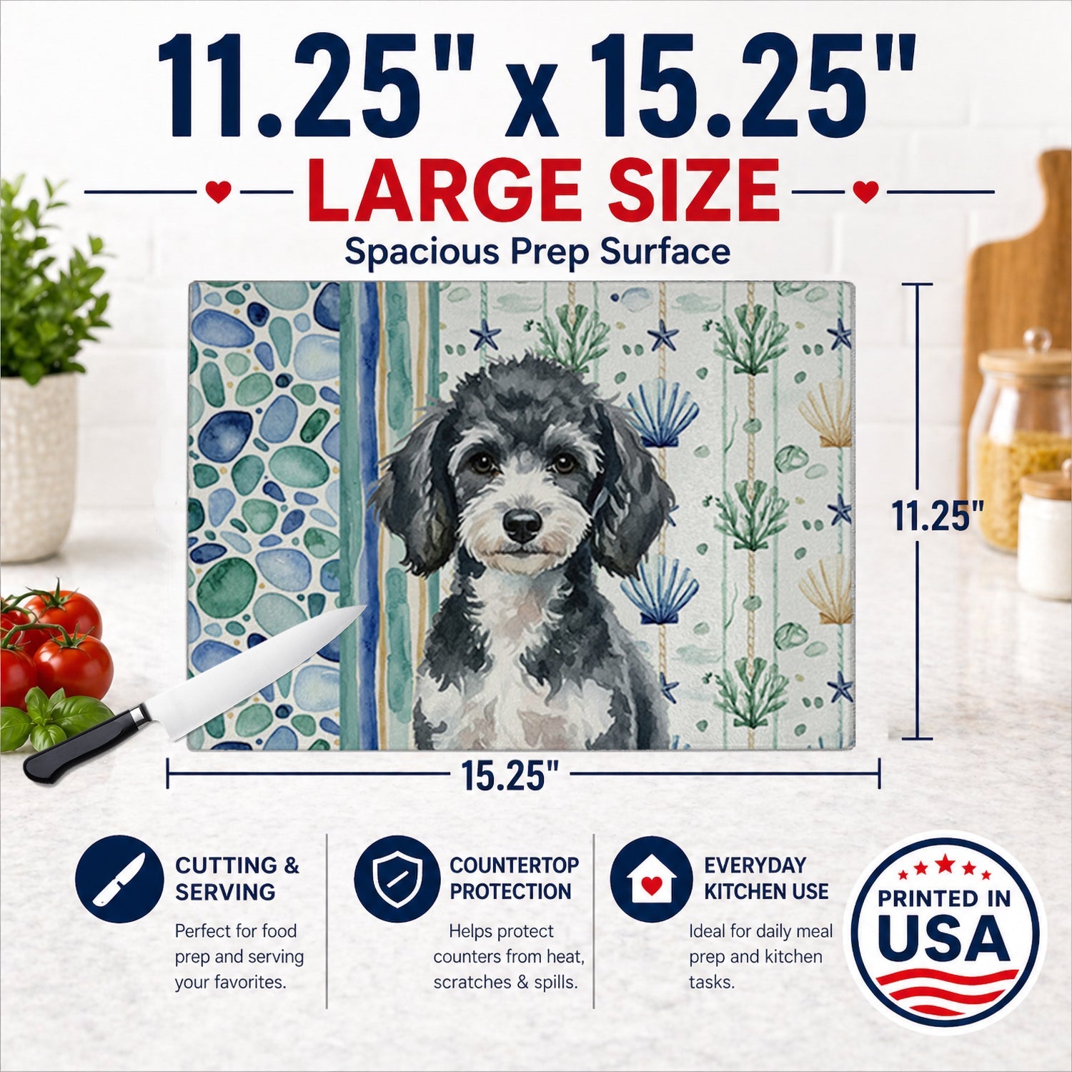 Miniature Parti Poodle Coastal Sea Glass Cutting Board Tempered Glass Kitchen Cutting Surface, Heat Resistant Chopping, Non-Slip Feet, Food Prep & Serving