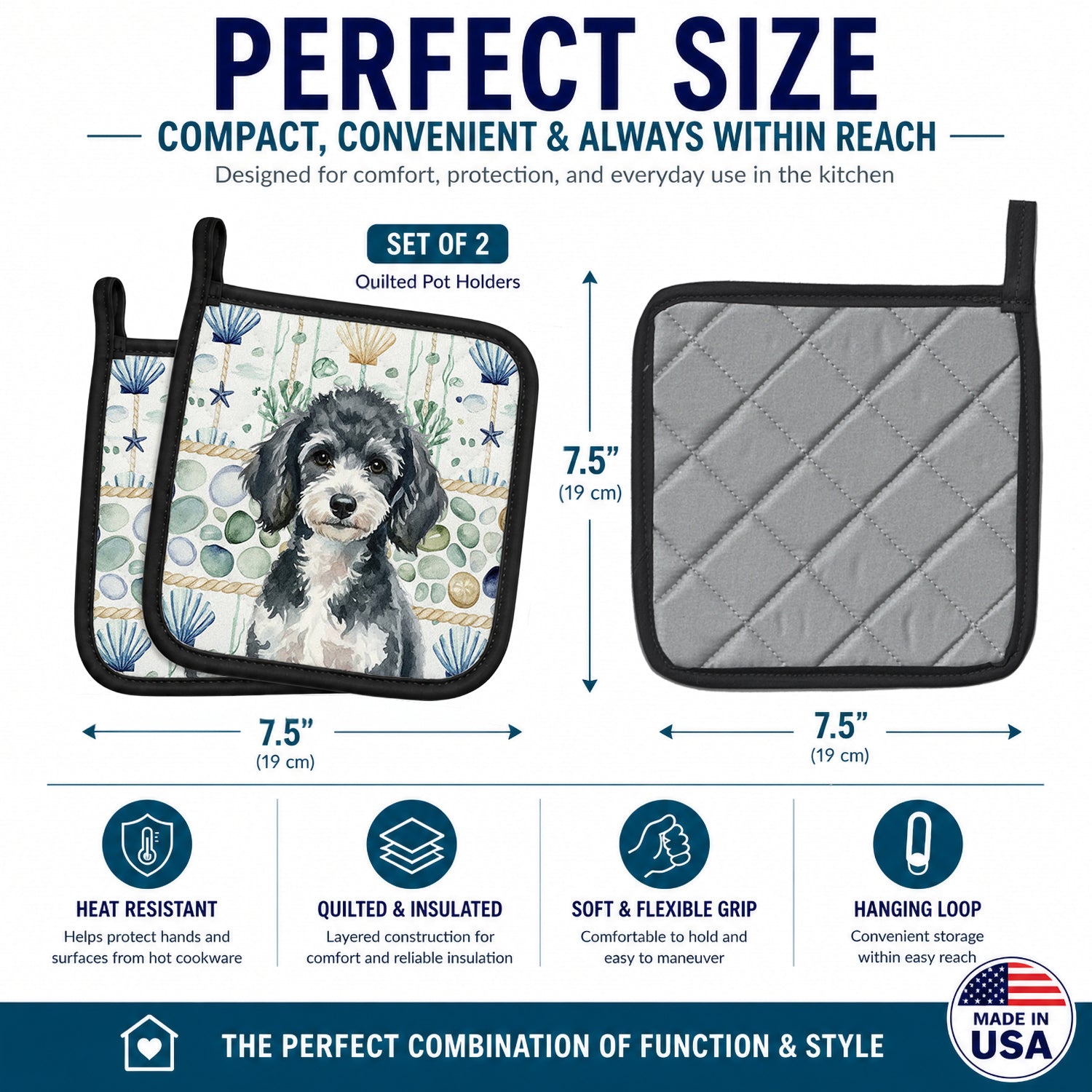 Miniature Parti Poodle Coastal Sea Glass Pot Holder Set of 2 Heat Resistant Quilted Hot Pads 7.5 x 7.5 Inch, Insulated Kitchen Trivets for Cooking & Baking