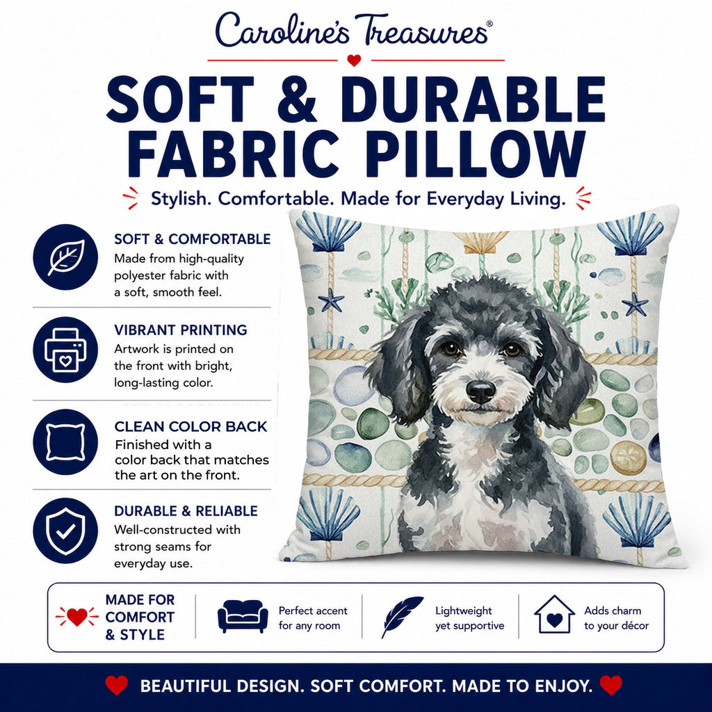 Miniature Parti Poodle Coastal Sea Glass Decorative Throw Pillow 14x14 Indoor Outdoor Accent Cushion, Fabric Cover with Insert for Sofa, Bed, Porch & Living Room