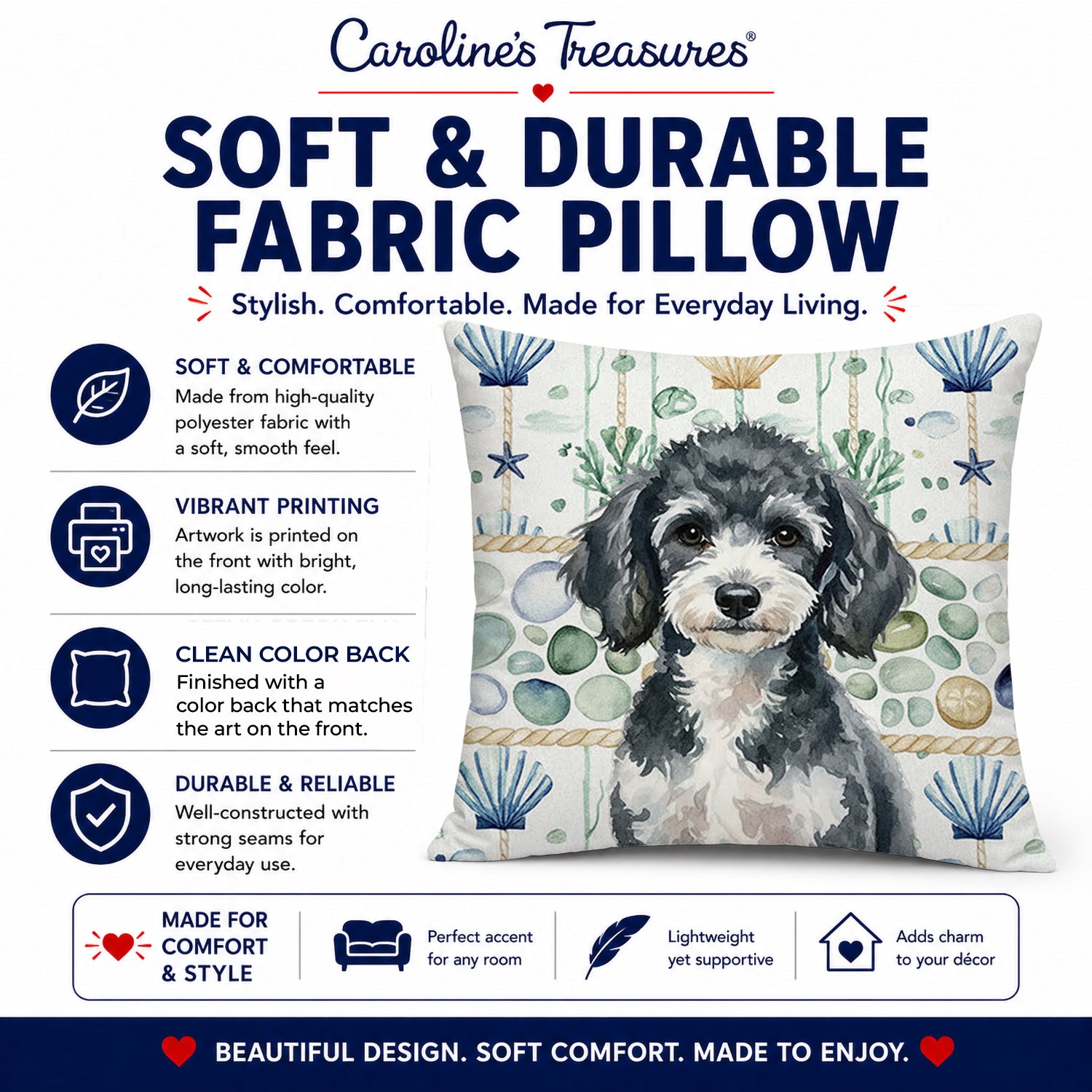 Miniature Parti Poodle Coastal Sea Glass Decorative Throw Pillow 18x18 Indoor Outdoor Accent Cushion, Fabric Cover with Insert for Sofa, Bed, Porch & Living Room