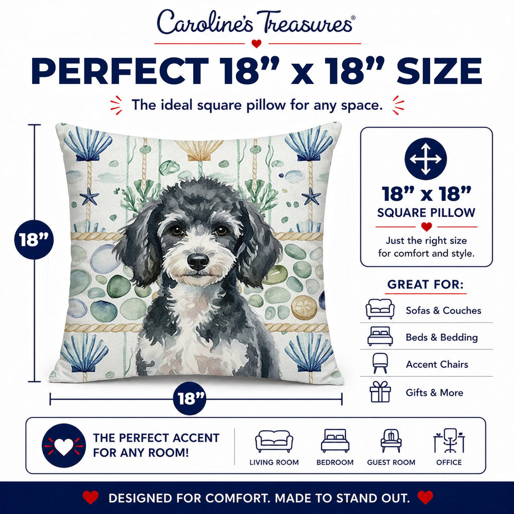 Miniature Parti Poodle Coastal Sea Glass Decorative Throw Pillow 18x18 Indoor Outdoor Accent Cushion, Fabric Cover with Insert for Sofa, Bed, Porch & Living Room