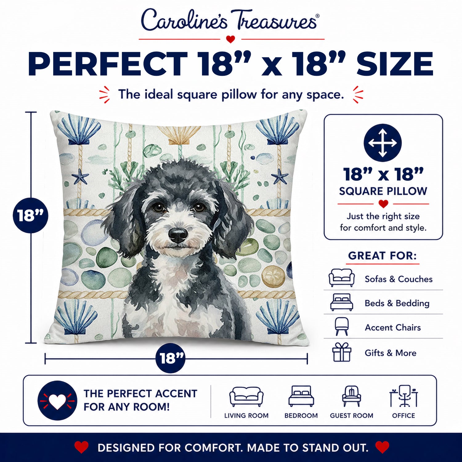 Miniature Parti Poodle Coastal Sea Glass Decorative Throw Pillow 18x18 Indoor Outdoor Accent Cushion, Fabric Cover with Insert for Sofa, Bed, Porch & Living Room