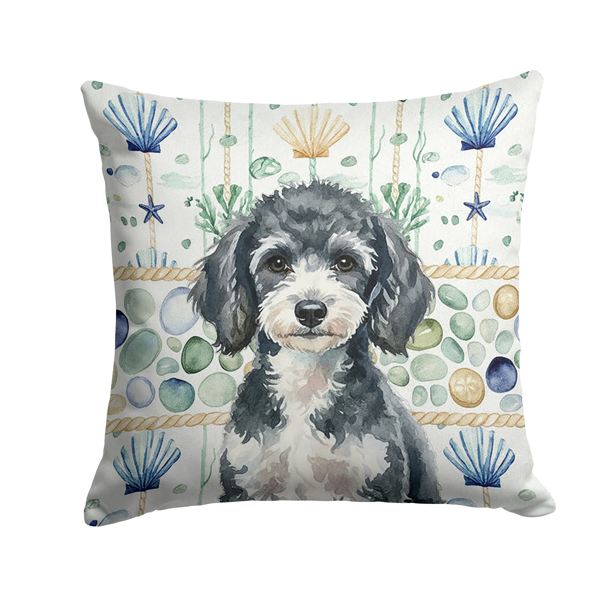Miniature Parti Poodle Coastal Sea Glass Decorative Throw Pillow 18x18 Indoor Outdoor Accent Cushion, Fabric Cover with Insert for Sofa, Bed, Porch & Living Room
