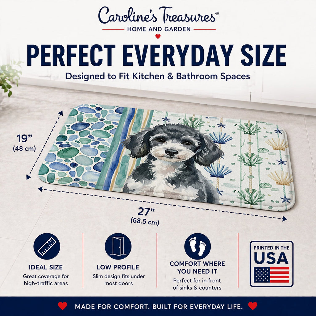 Miniature Parti Poodle Coastal Sea Glass Memory Foam Kitchen Mat Machine Washable Anti-Fatigue Cushion Comfort Bath or Kitchen Rug
