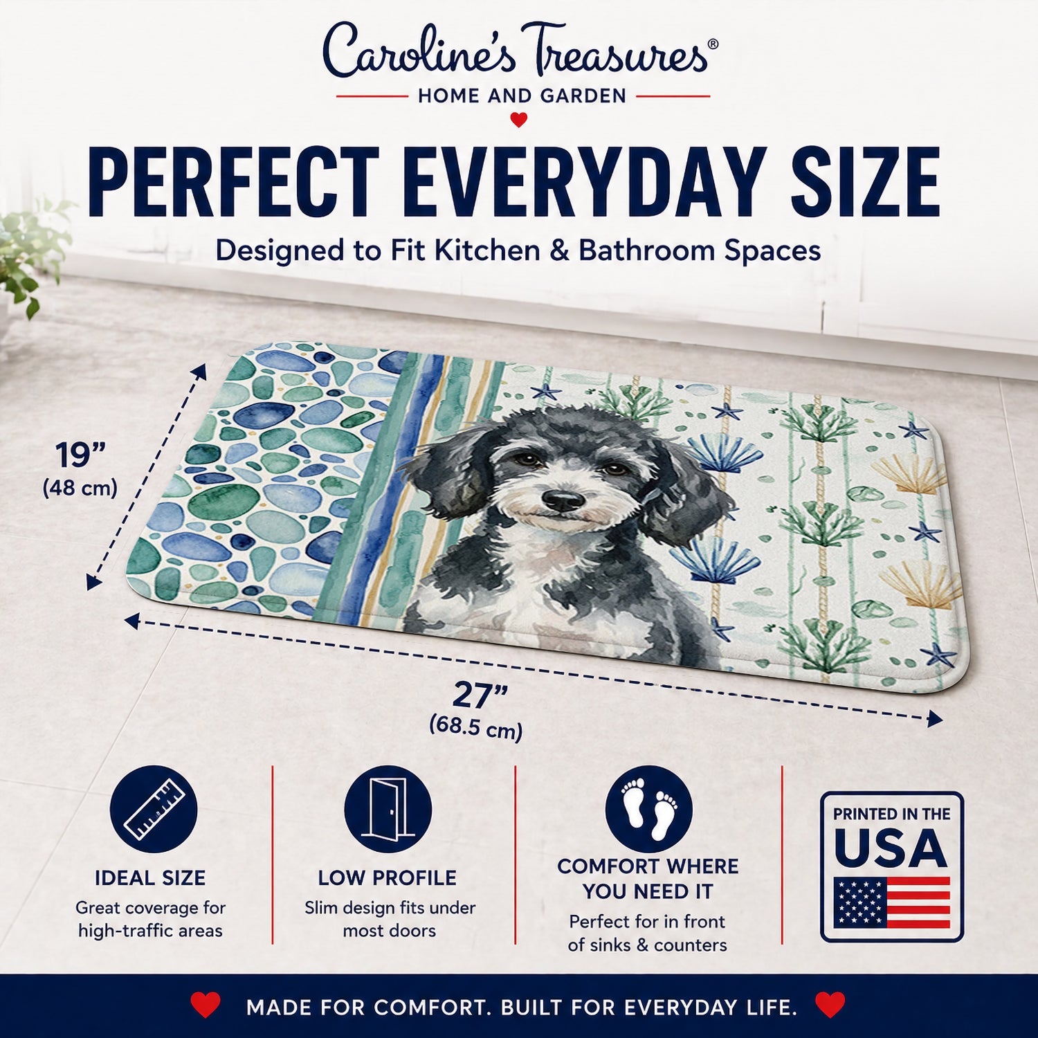 Miniature Parti Poodle Coastal Sea Glass Memory Foam Kitchen Mat Machine Washable Anti-Fatigue Cushion Comfort Bath or Kitchen Rug