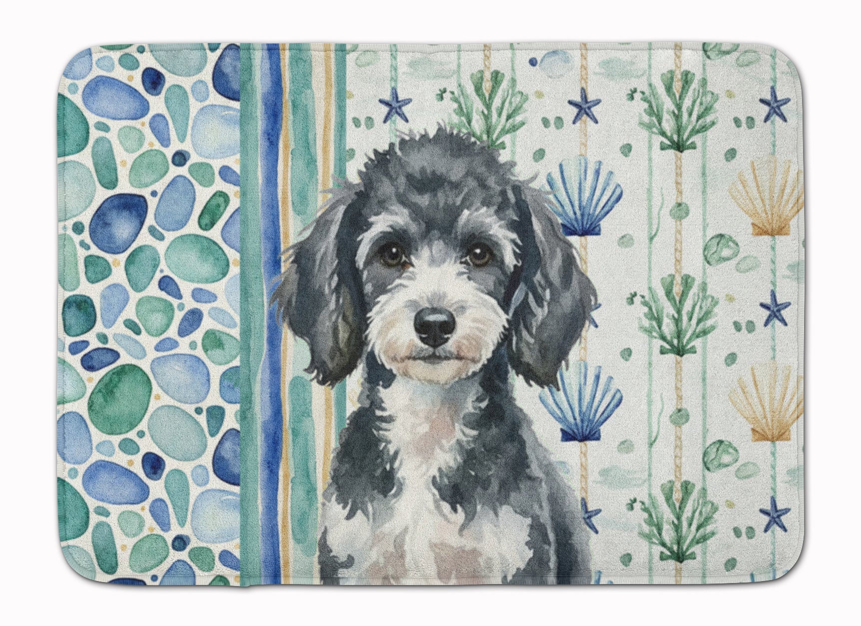 Miniature Parti Poodle Coastal Sea Glass Memory Foam Kitchen Mat Machine Washable Anti-Fatigue Cushion Comfort Bath or Kitchen Rug