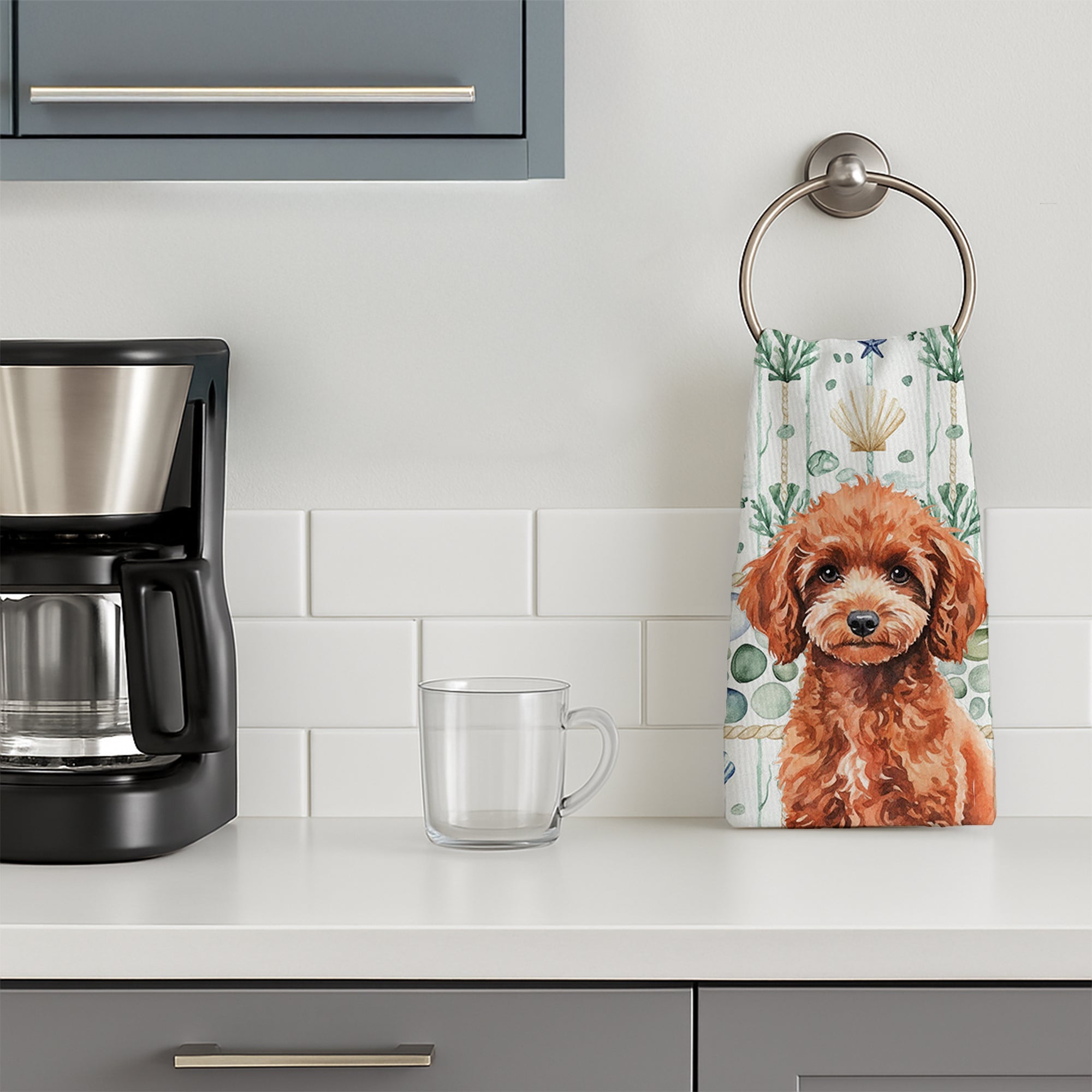 Miniature Red Poodle Coastal Sea Glass Kitchen Towel Velour Plush Front and Cotton Loop Back Machine Washable