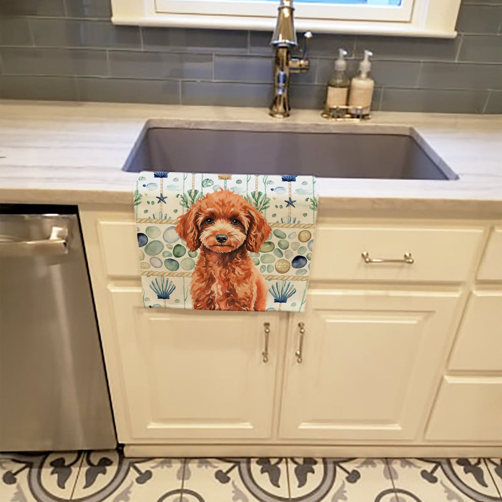 Miniature Red Poodle Coastal Sea Glass Kitchen Towel Velour Plush Front and Cotton Loop Back Machine Washable