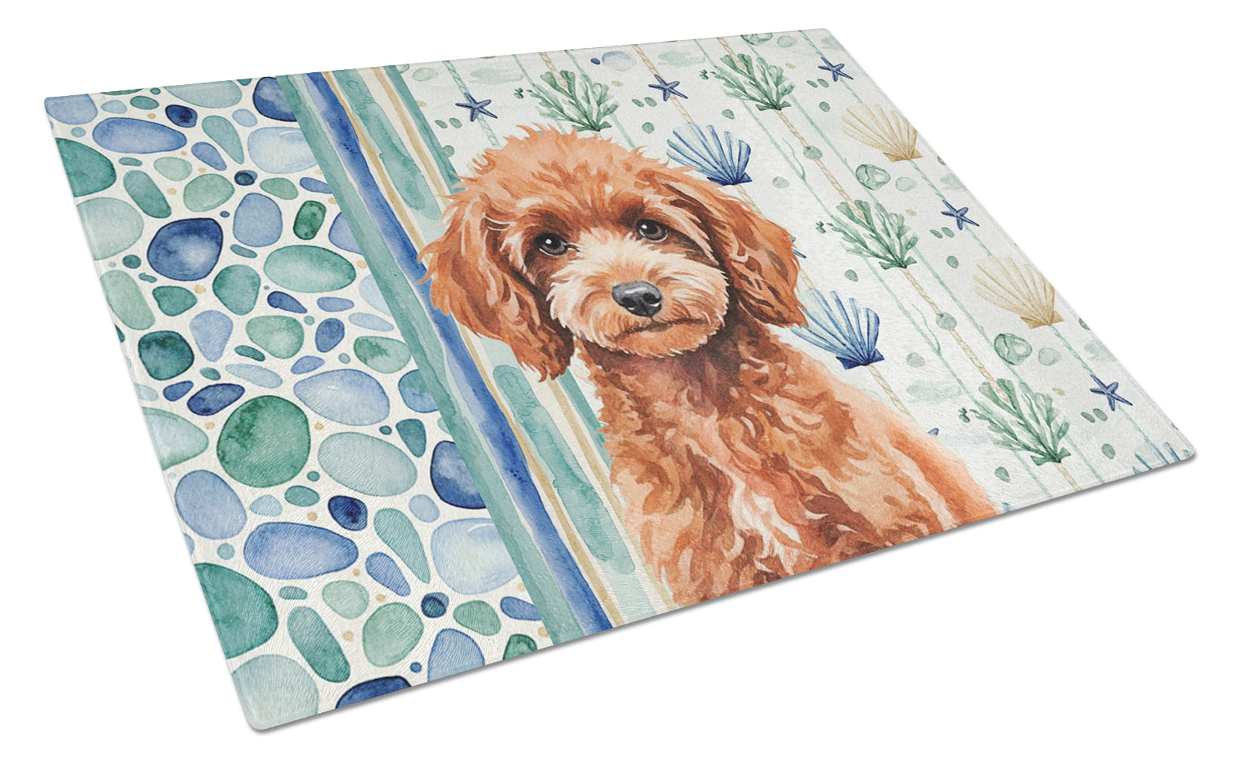 Miniature Red Poodle Coastal Sea Glass Cutting Board Tempered Glass Kitchen Cutting Surface, Heat Resistant Chopping, Non-Slip Feet, Food Prep & Serving