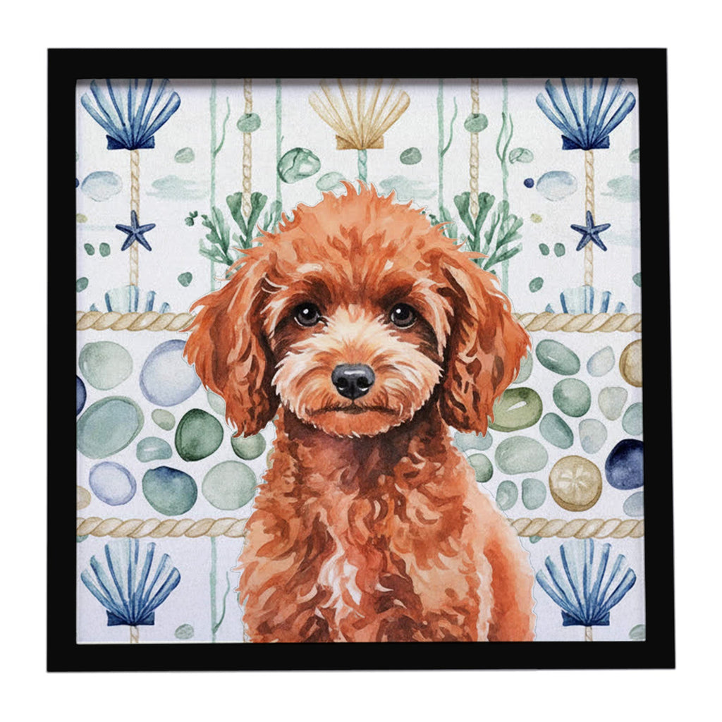 Miniature Red Poodle Coastal Sea Glass Framed Metal Print Bathroom, Kitchen, Office, Home Decor Wall Art Ready to Hang, Square, 8X8