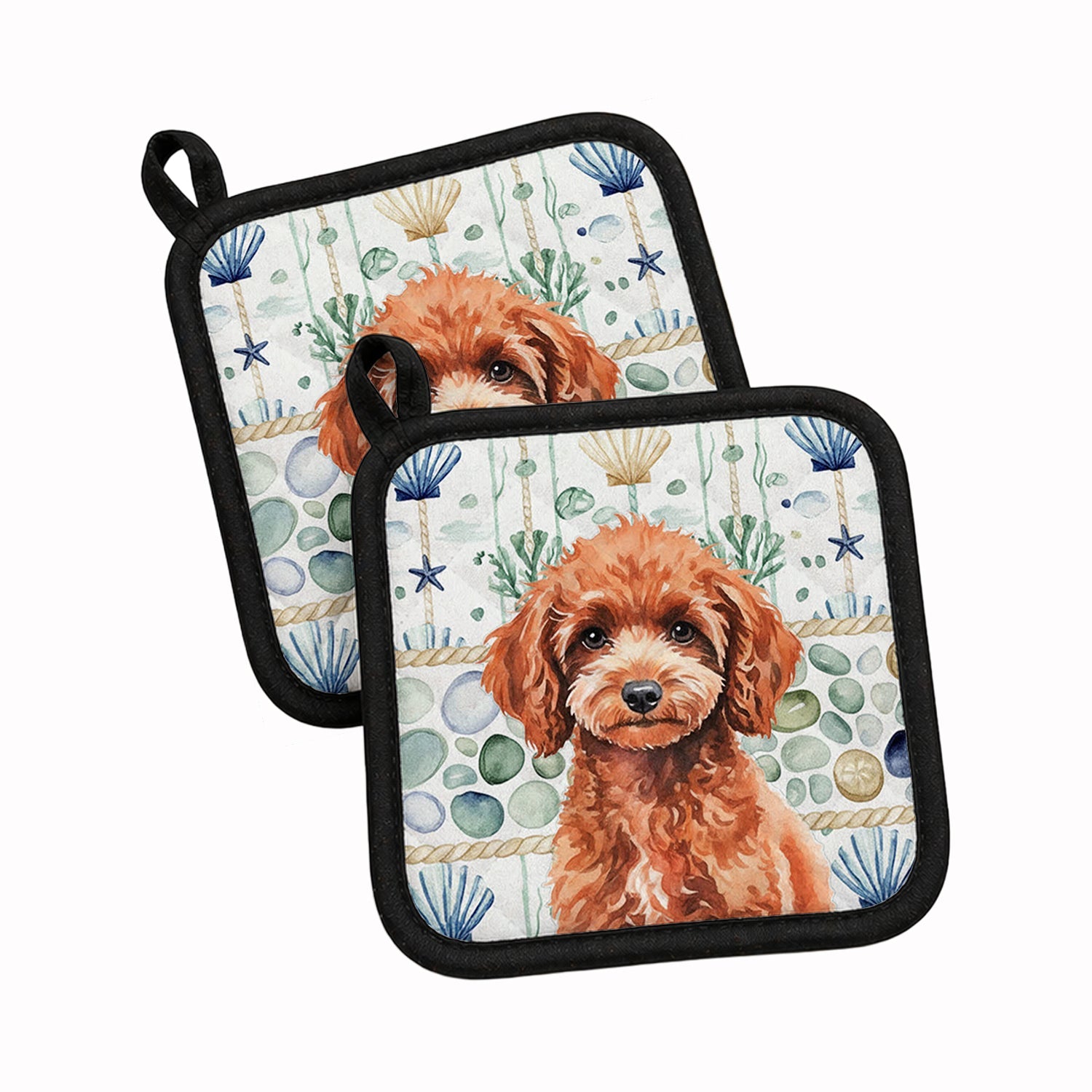 Miniature Red Poodle Coastal Sea Glass Pot Holder Set of 2 Heat Resistant Quilted Hot Pads 7.5 x 7.5 Inch, Insulated Kitchen Trivets for Cooking & Baking