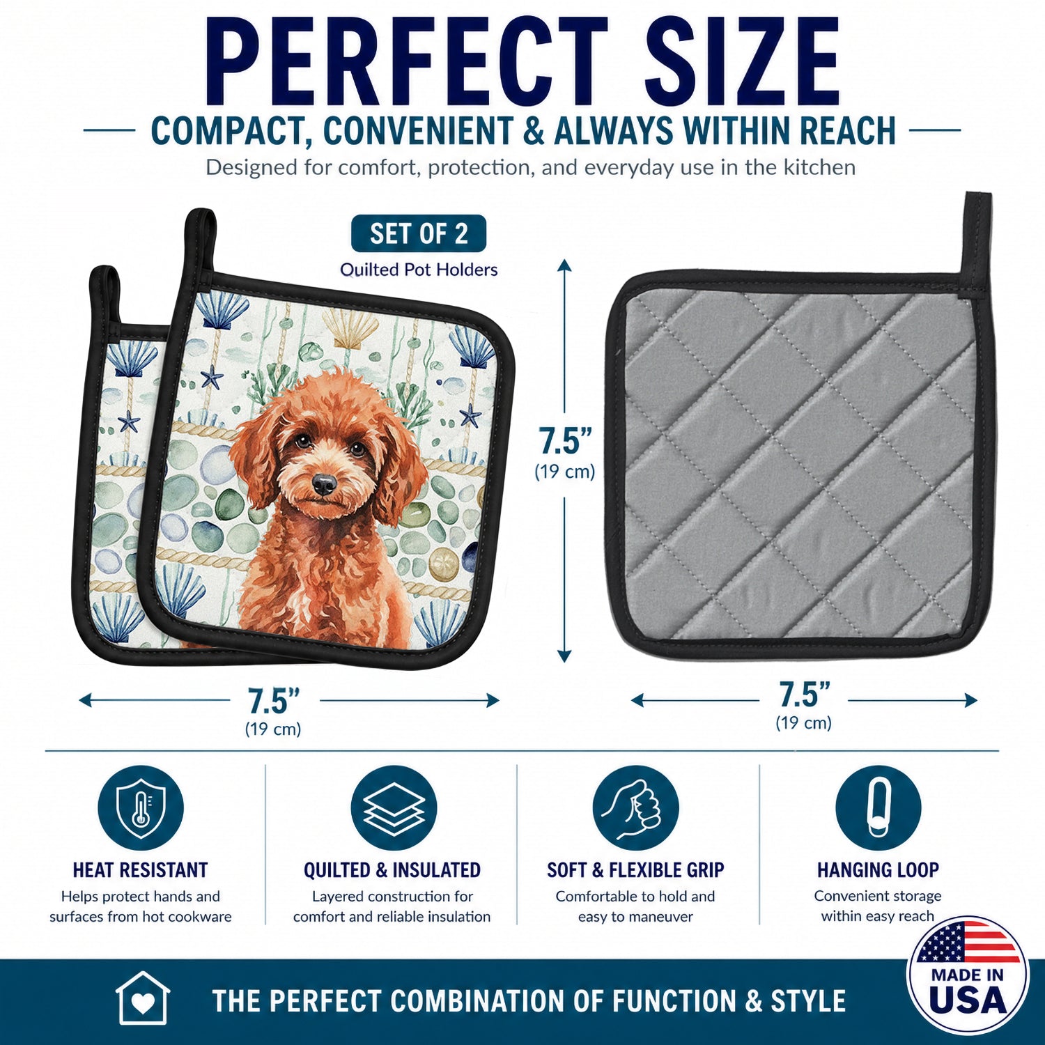 Miniature Red Poodle Coastal Sea Glass Pot Holder Set of 2 Heat Resistant Quilted Hot Pads 7.5 x 7.5 Inch, Insulated Kitchen Trivets for Cooking & Baking