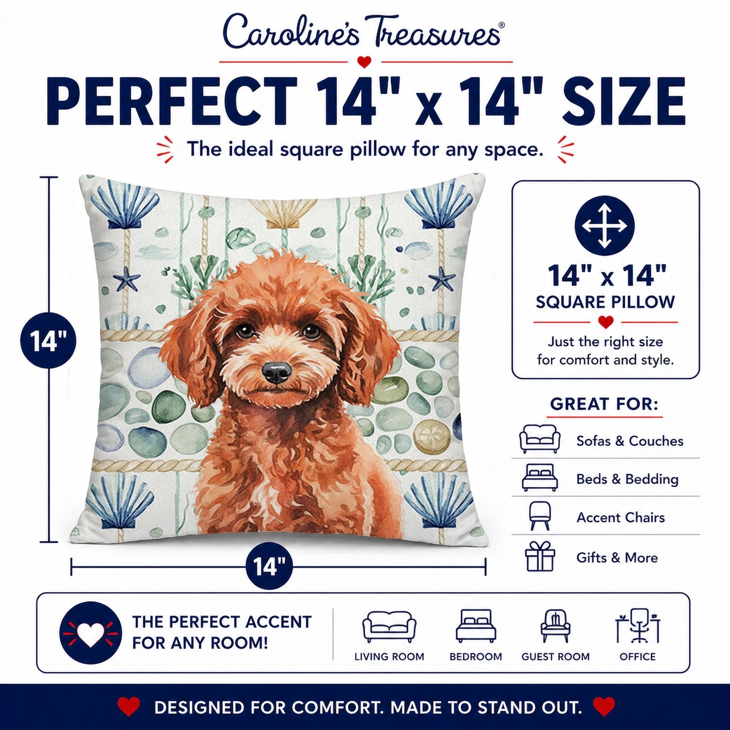 Miniature Red Poodle Coastal Sea Glass Decorative Throw Pillow 14x14 Indoor Outdoor Accent Cushion, Fabric Cover with Insert for Sofa, Bed, Porch & Living Room
