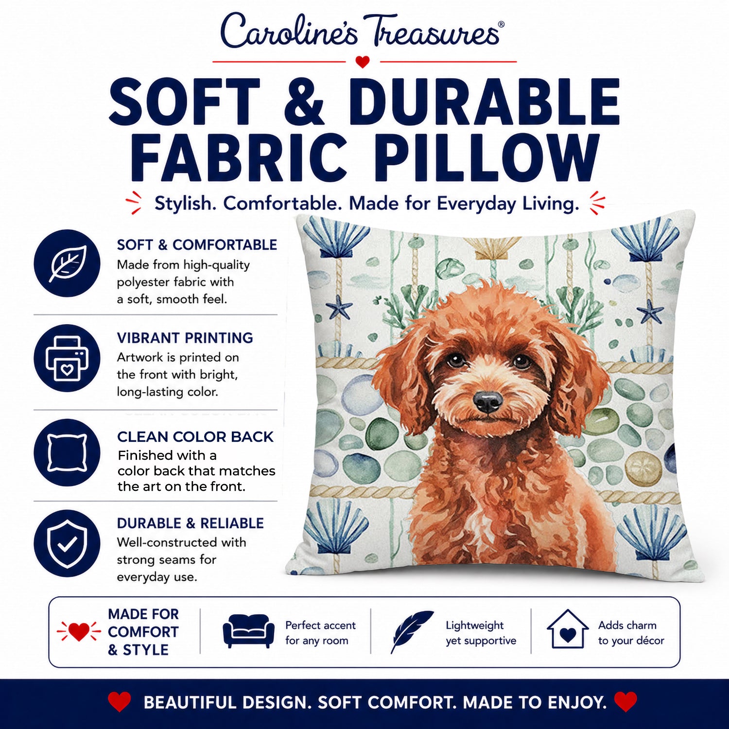 Miniature Red Poodle Coastal Sea Glass Decorative Throw Pillow 18x18 Indoor Outdoor Accent Cushion, Fabric Cover with Insert for Sofa, Bed, Porch & Living Room
