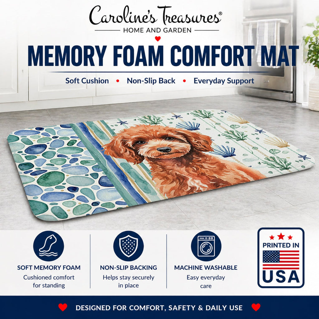 Miniature Red Poodle Coastal Sea Glass Memory Foam Kitchen Mat Machine Washable Anti-Fatigue Cushion Comfort Bath or Kitchen Rug
