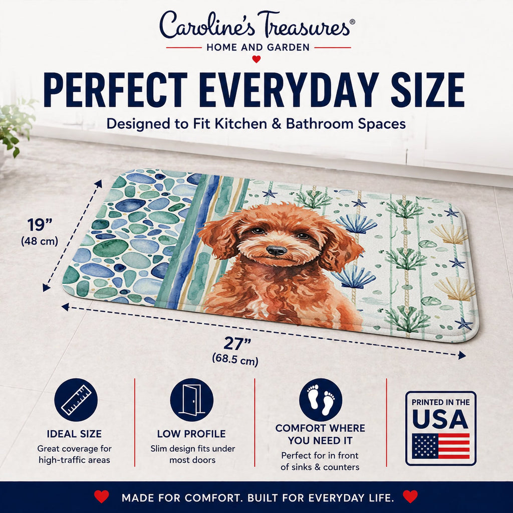 Miniature Red Poodle Coastal Sea Glass Memory Foam Kitchen Mat Machine Washable Anti-Fatigue Cushion Comfort Bath or Kitchen Rug