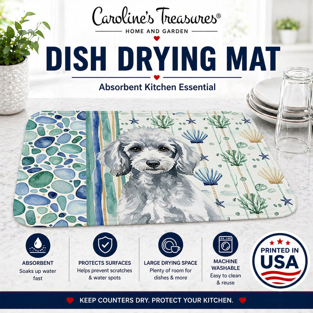 Miniature Silver Poodle Coastal Sea Glass Dish Drying Mat Absorbent Dish Drying Mat Pad for Kitchen Counter Dish Drainer Mat for Countertop, 14 x 21", Multicolor