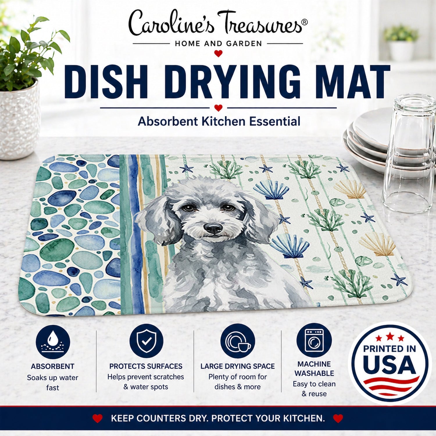 Miniature Silver Poodle Coastal Sea Glass Dish Drying Mat Absorbent Dish Drying Mat Pad for Kitchen Counter Dish Drainer Mat for Countertop, 14 x 21", Multicolor