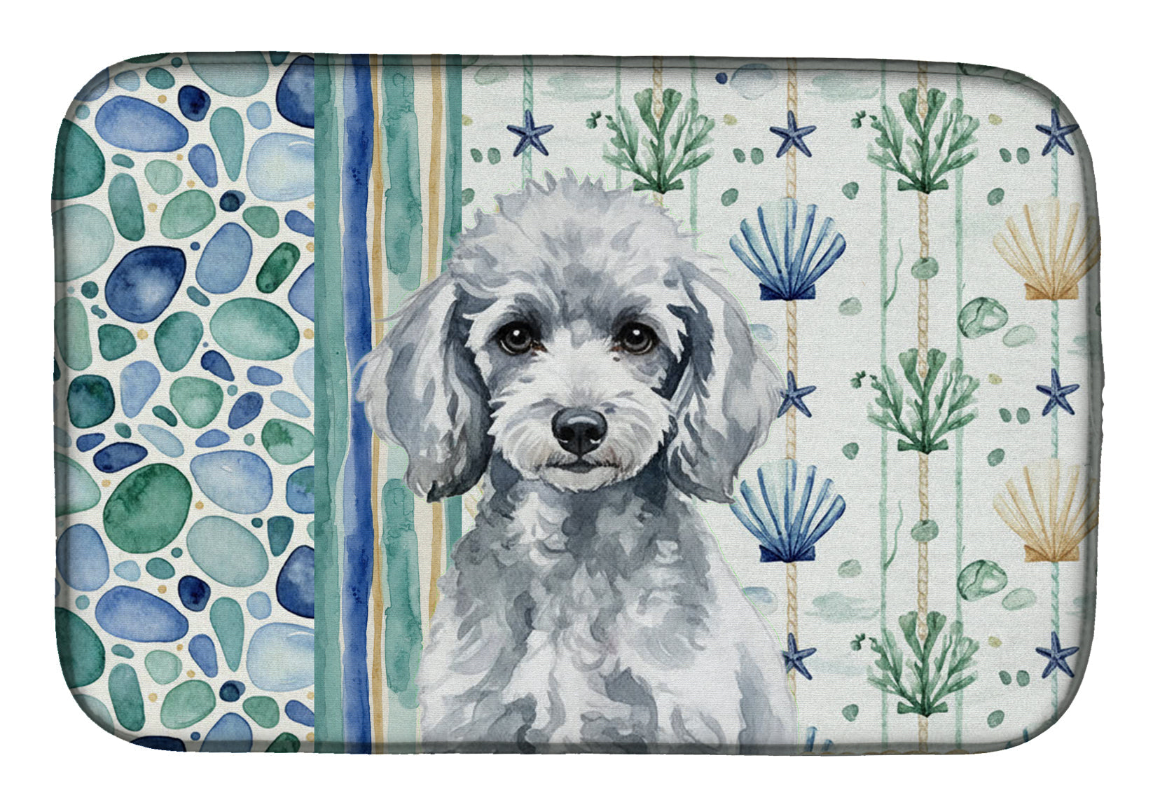 Miniature Silver Poodle Coastal Sea Glass Dish Drying Mat Absorbent Dish Drying Mat Pad for Kitchen Counter Dish Drainer Mat for Countertop, 14 x 21", Multicolor