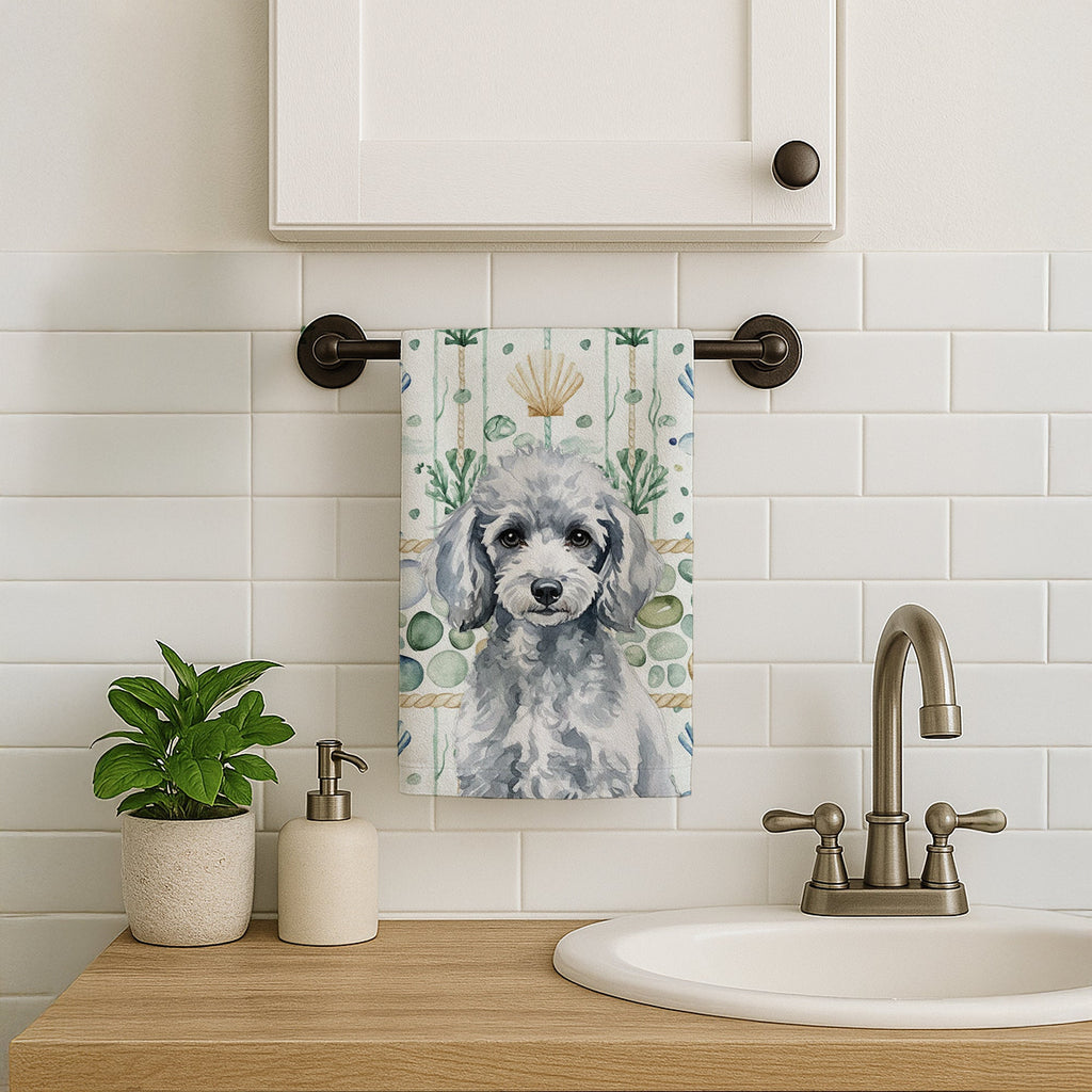 Miniature Silver Poodle Coastal Sea Glass Kitchen Towel Velour Plush Front and Cotton Loop Back Machine Washable