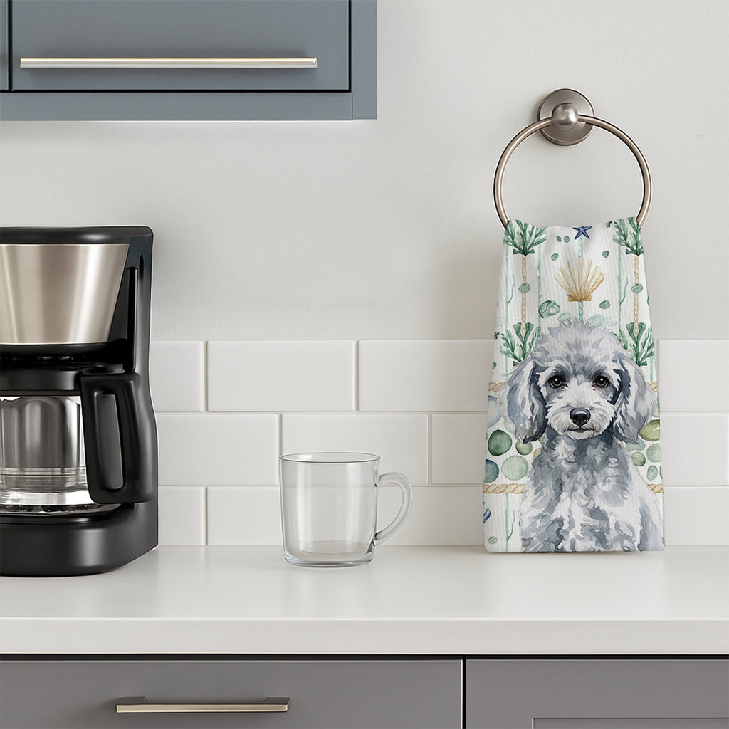 Miniature Silver Poodle Coastal Sea Glass Kitchen Towel Velour Plush Front and Cotton Loop Back Machine Washable