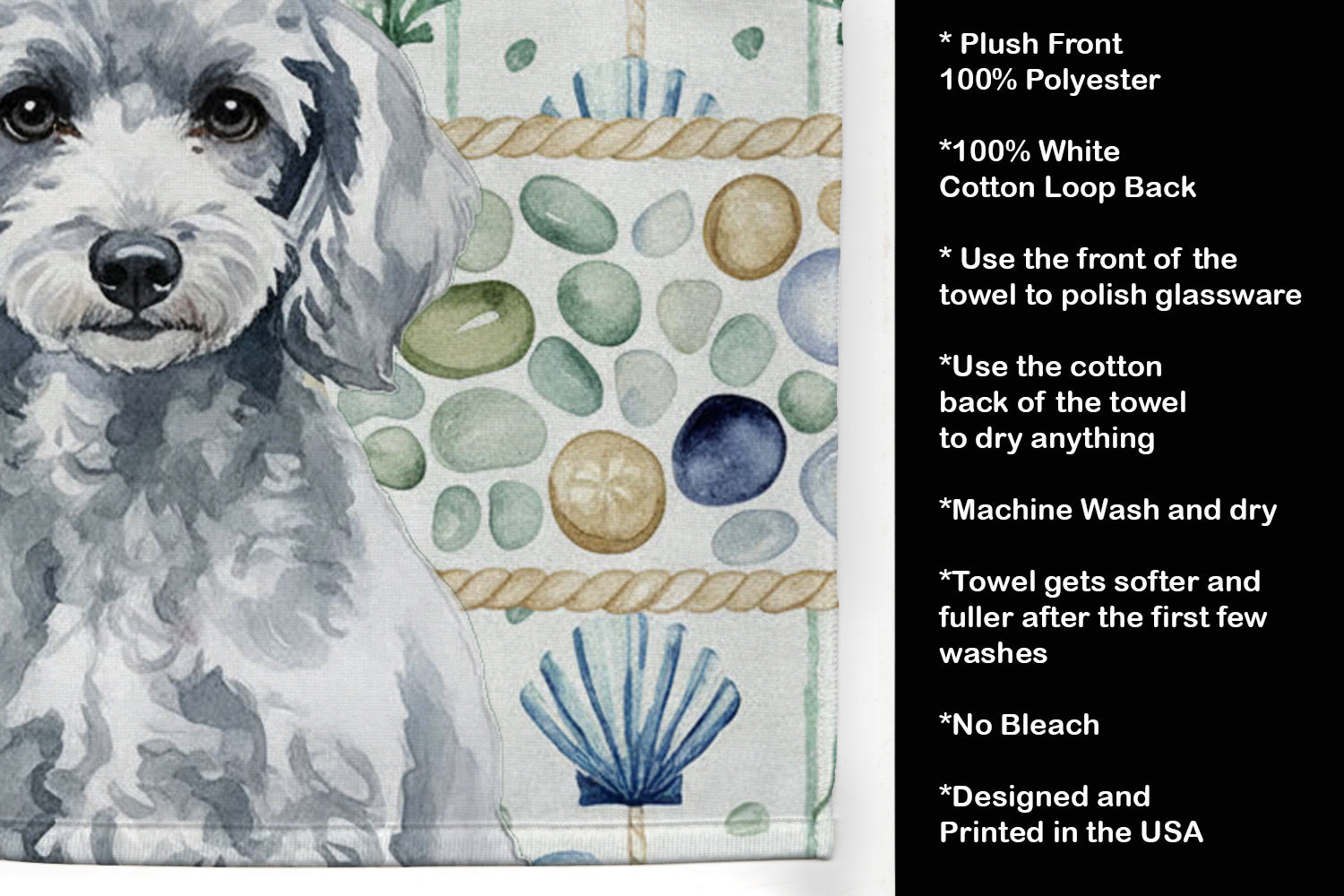 Miniature Silver Poodle Coastal Sea Glass Kitchen Towel Velour Plush Front and Cotton Loop Back Machine Washable