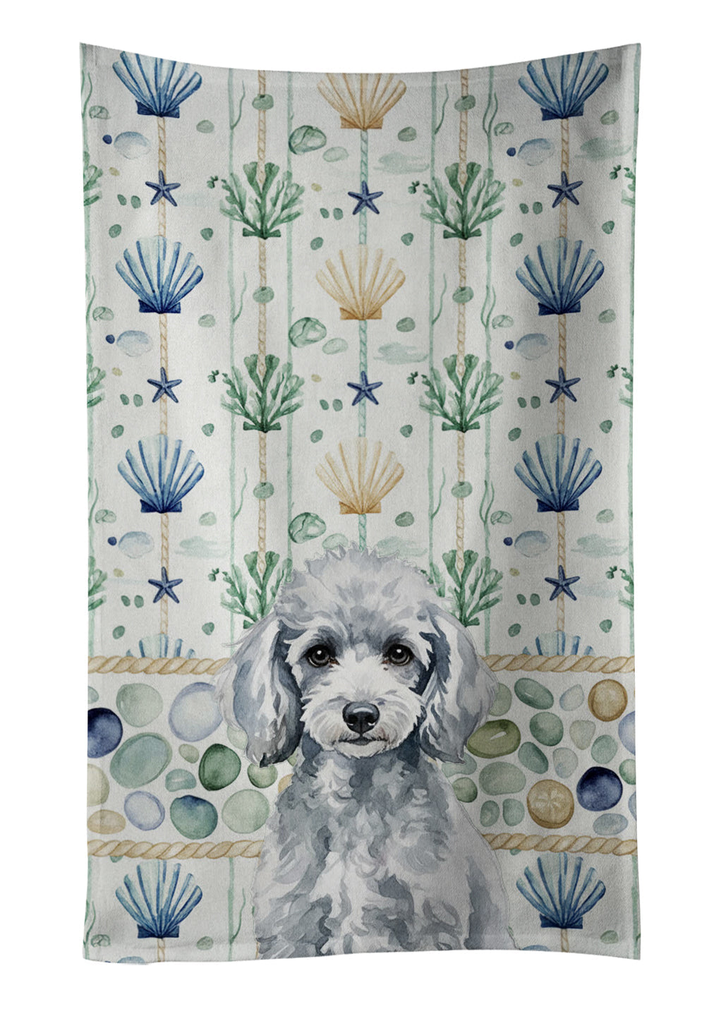 Miniature Silver Poodle Coastal Sea Glass Kitchen Towel Velour Plush Front and Cotton Loop Back Machine Washable