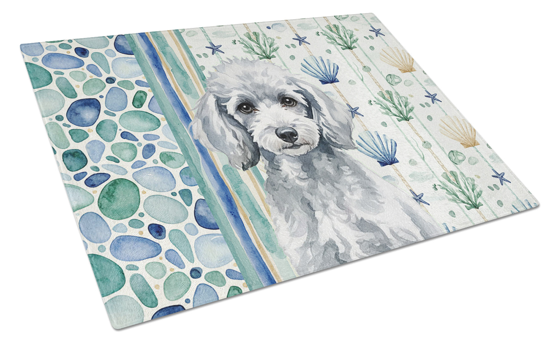 Miniature Silver Poodle Coastal Sea Glass Cutting Board Tempered Glass Kitchen Cutting Surface, Heat Resistant Chopping, Non-Slip Feet, Food Prep & Serving