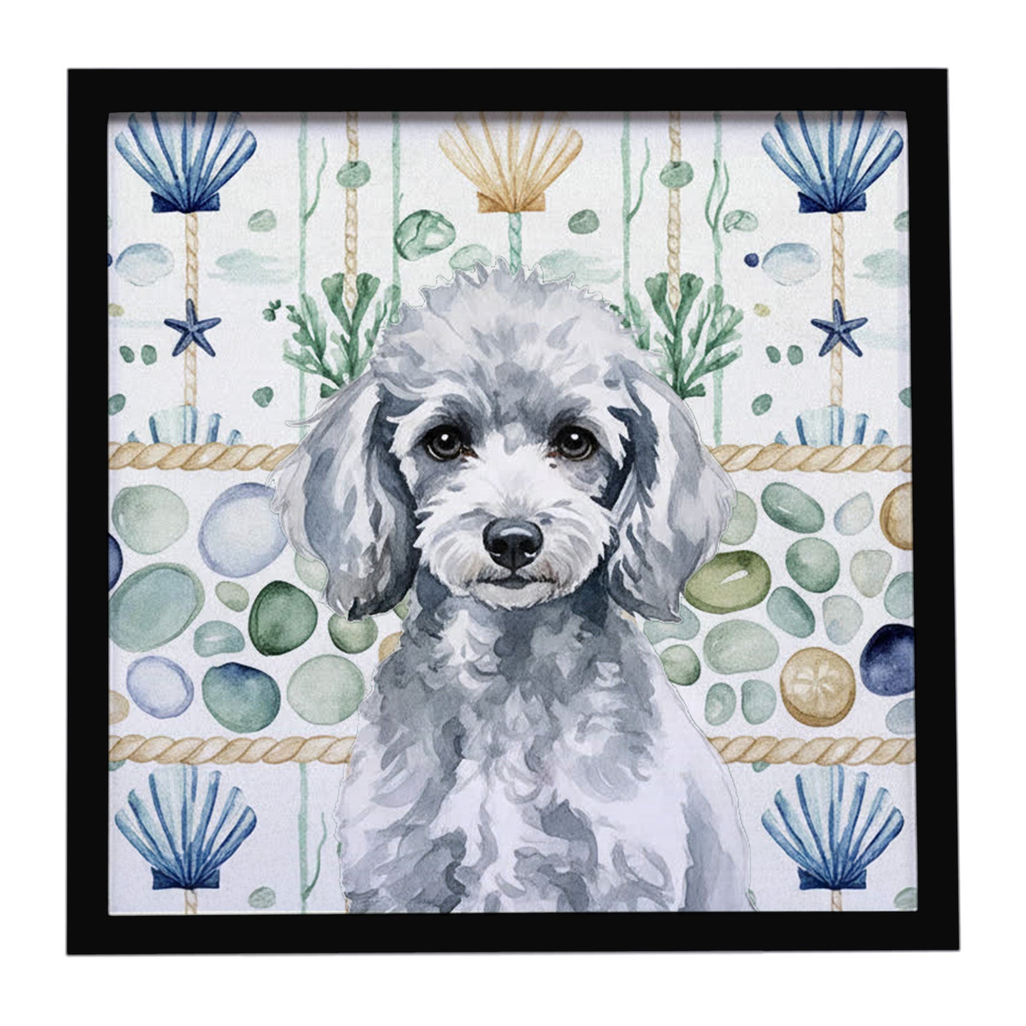 Miniature Silver Poodle Coastal Sea Glass Framed Metal Print Bathroom, Kitchen, Office, Home Decor Wall Art Ready to Hang, Square, 8X8