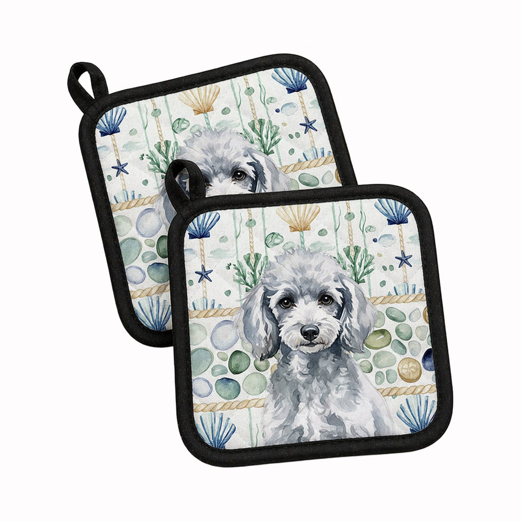 Miniature Silver Poodle Coastal Sea Glass Pot Holder Set of 2 Heat Resistant Quilted Hot Pads 7.5 x 7.5 Inch, Insulated Kitchen Trivets for Cooking & Baking