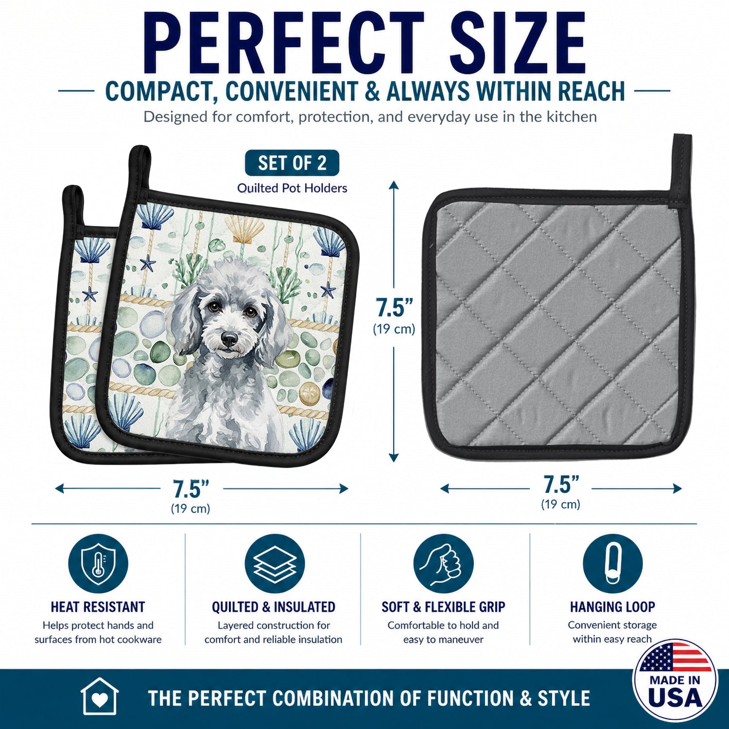 Miniature Silver Poodle Coastal Sea Glass Pot Holder Set of 2 Heat Resistant Quilted Hot Pads 7.5 x 7.5 Inch, Insulated Kitchen Trivets for Cooking & Baking