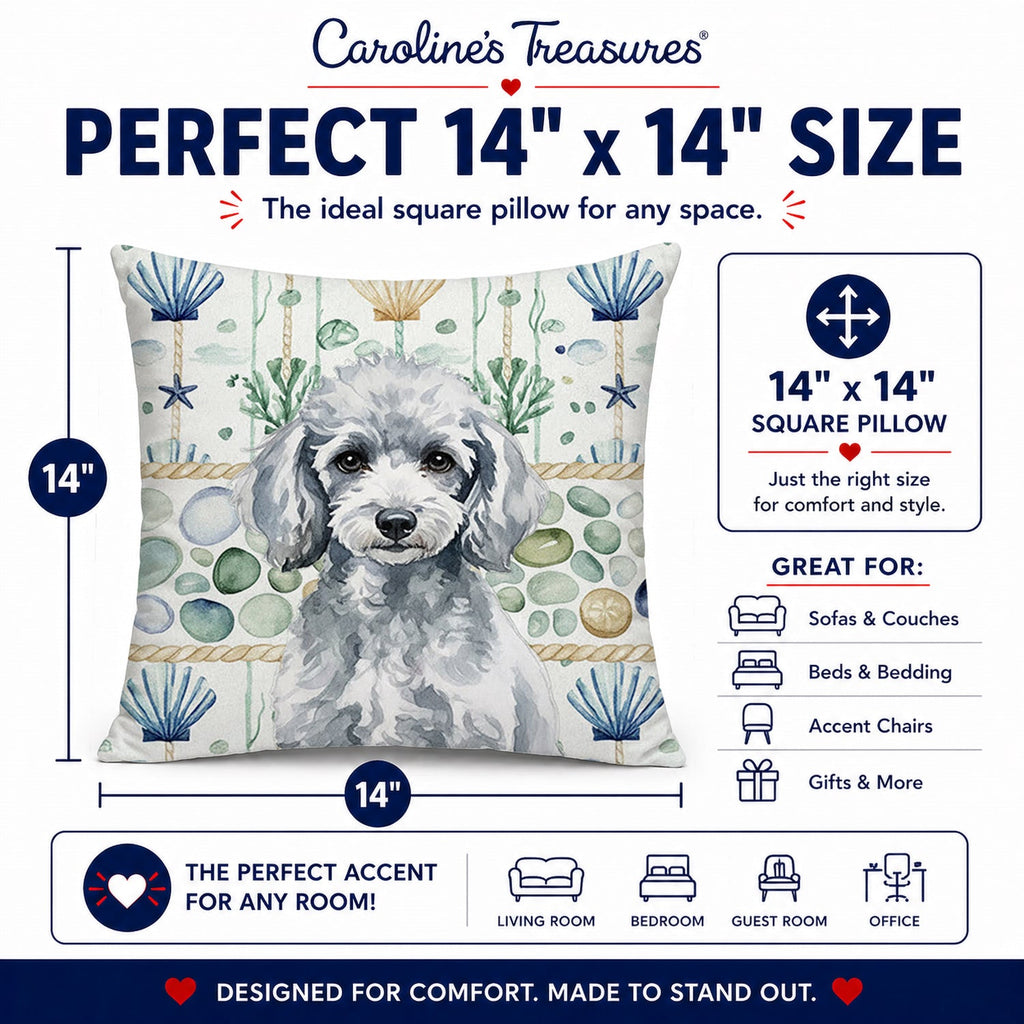 Miniature Silver Poodle Coastal Sea Glass Decorative Throw Pillow 14x14 Indoor Outdoor Accent Cushion, Fabric Cover with Insert for Sofa, Bed, Porch & Living Room