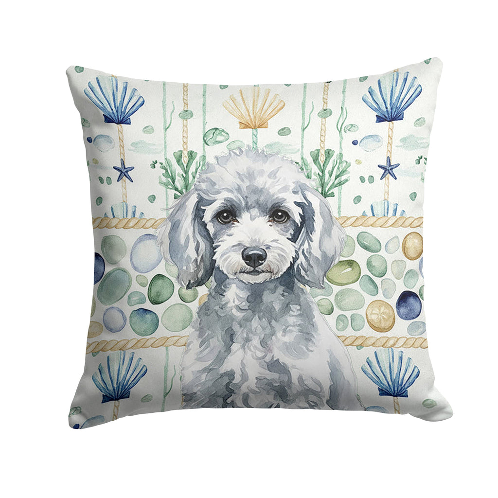 Miniature Silver Poodle Coastal Sea Glass Decorative Throw Pillow 14x14 Indoor Outdoor Accent Cushion, Fabric Cover with Insert for Sofa, Bed, Porch & Living Room