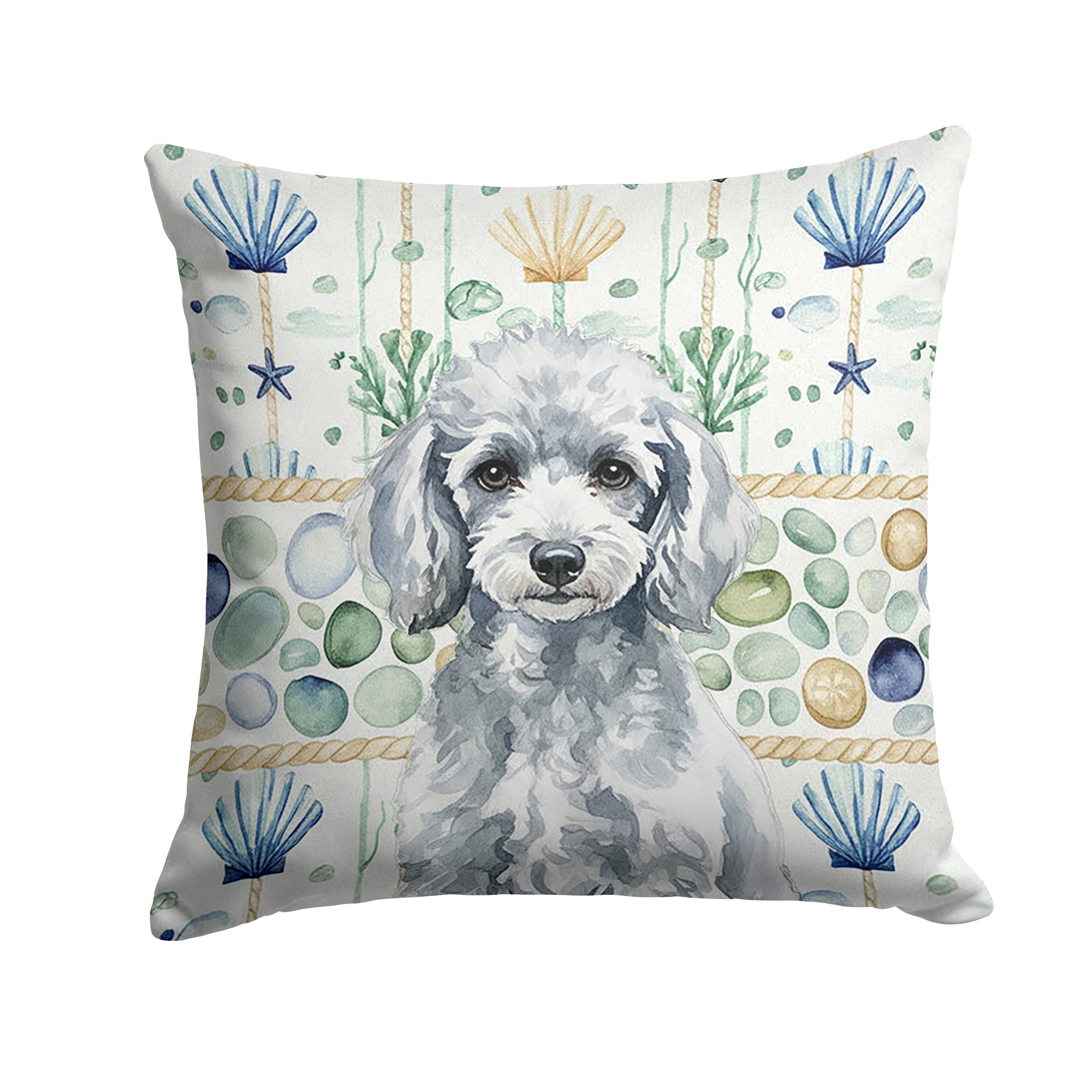 Miniature Silver Poodle Coastal Sea Glass Decorative Throw Pillow 14x14 Indoor Outdoor Accent Cushion, Fabric Cover with Insert for Sofa, Bed, Porch & Living Room
