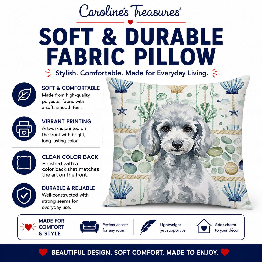 Miniature Silver Poodle Coastal Sea Glass Decorative Throw Pillow 18x18 Indoor Outdoor Accent Cushion, Fabric Cover with Insert for Sofa, Bed, Porch & Living Room