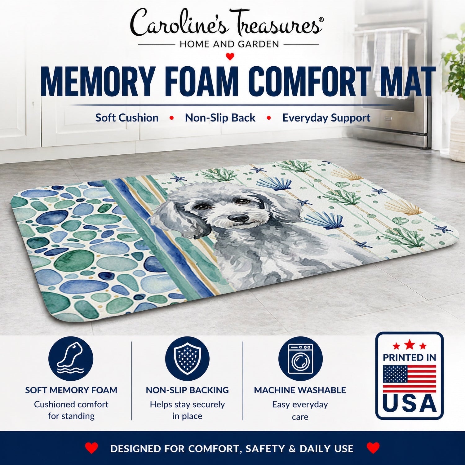 Miniature Silver Poodle Coastal Sea Glass Memory Foam Kitchen Mat Machine Washable Anti-Fatigue Cushion Comfort Bath or Kitchen Rug