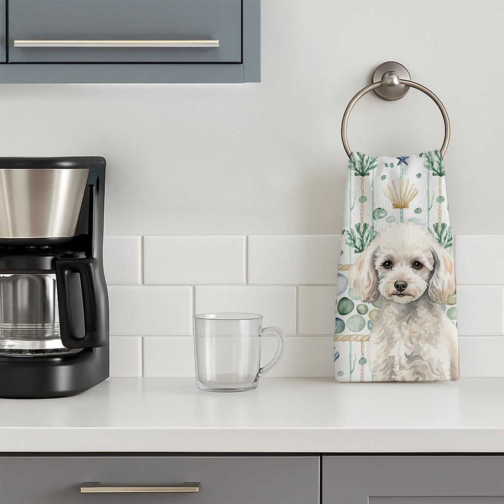Miniature White Poodle Coastal Sea Glass Kitchen Towel Velour Plush Front and Cotton Loop Back Machine Washable