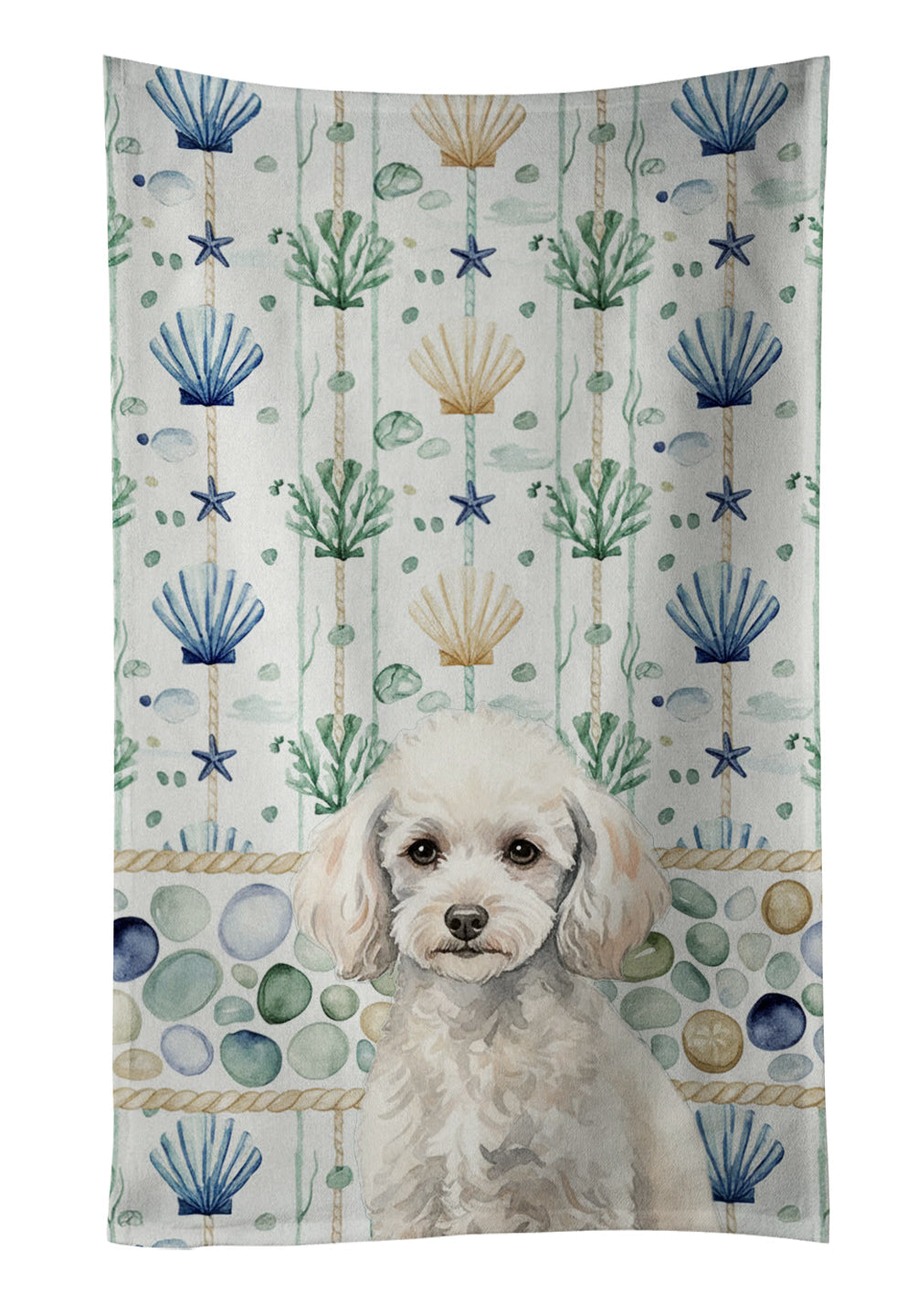 Miniature White Poodle Coastal Sea Glass Kitchen Towel Velour Plush Front and Cotton Loop Back Machine Washable