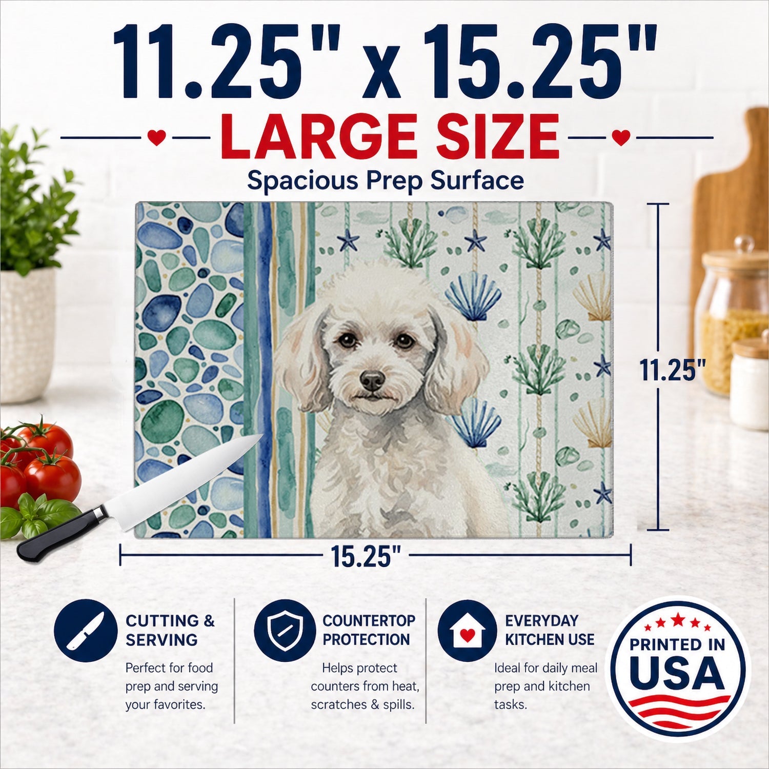 Miniature White Poodle Coastal Sea Glass Cutting Board Tempered Glass Kitchen Cutting Surface, Heat Resistant Chopping, Non-Slip Feet, Food Prep & Serving