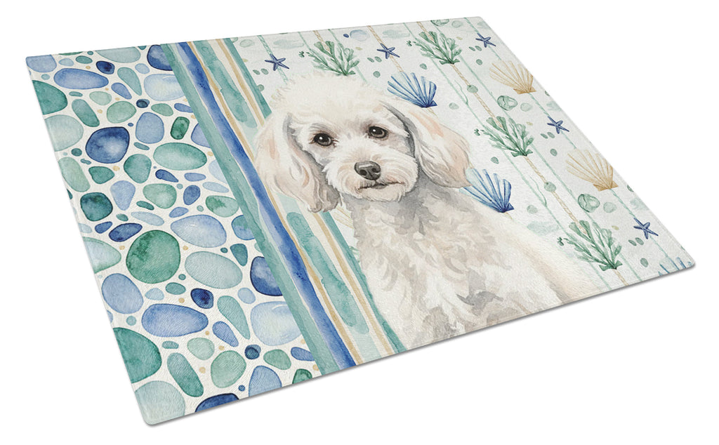 Miniature White Poodle Coastal Sea Glass Cutting Board Tempered Glass Kitchen Cutting Surface, Heat Resistant Chopping, Non-Slip Feet, Food Prep & Serving