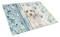 Miniature White Poodle Coastal Sea Glass Cutting Board Tempered Glass Kitchen Cutting Surface, Heat Resistant Chopping, Non-Slip Feet, Food Prep & Serving