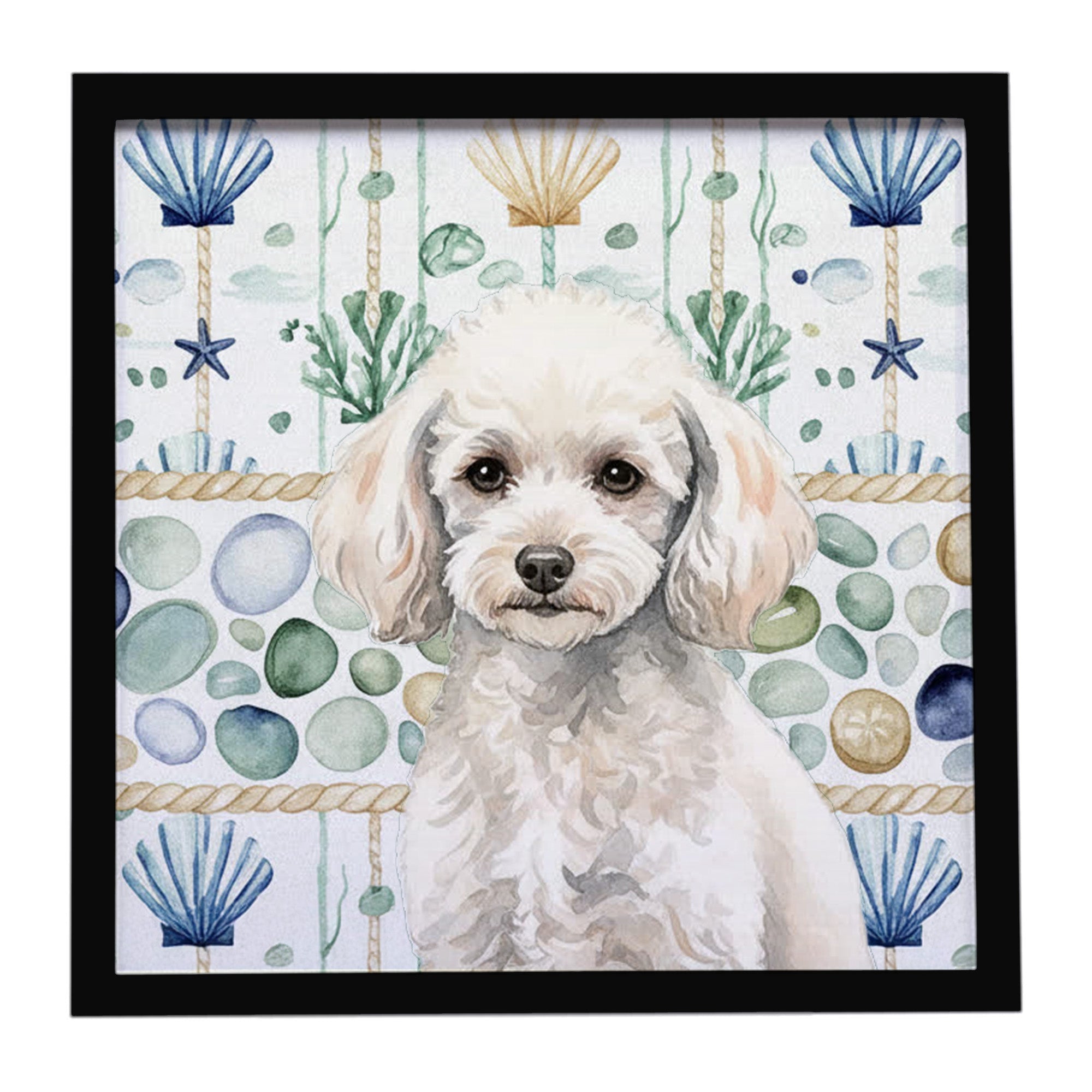 Miniature White Poodle Coastal Sea Glass Framed Metal Print Bathroom, Kitchen, Office, Home Decor Wall Art Ready to Hang, Square, 8X8