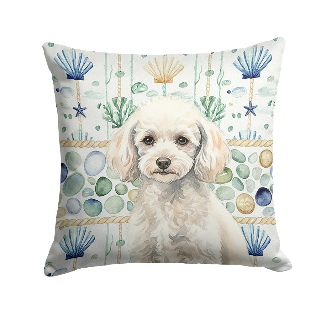 Miniature White Poodle Coastal Sea Glass Decorative Throw Pillow 14x14 Indoor Outdoor Accent Cushion, Fabric Cover with Insert for Sofa, Bed, Porch & Living Room