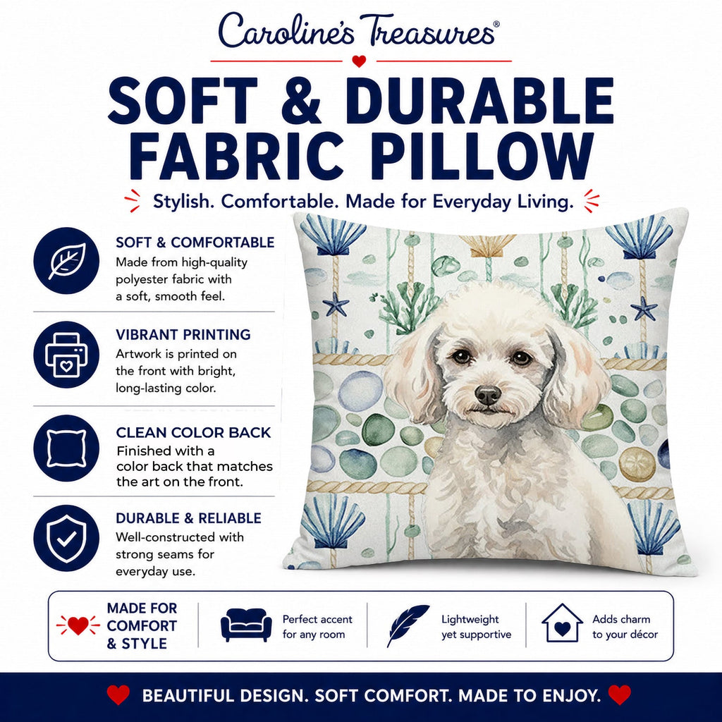 Miniature White Poodle Coastal Sea Glass Decorative Throw Pillow 18x18 Indoor Outdoor Accent Cushion, Fabric Cover with Insert for Sofa, Bed, Porch & Living Room