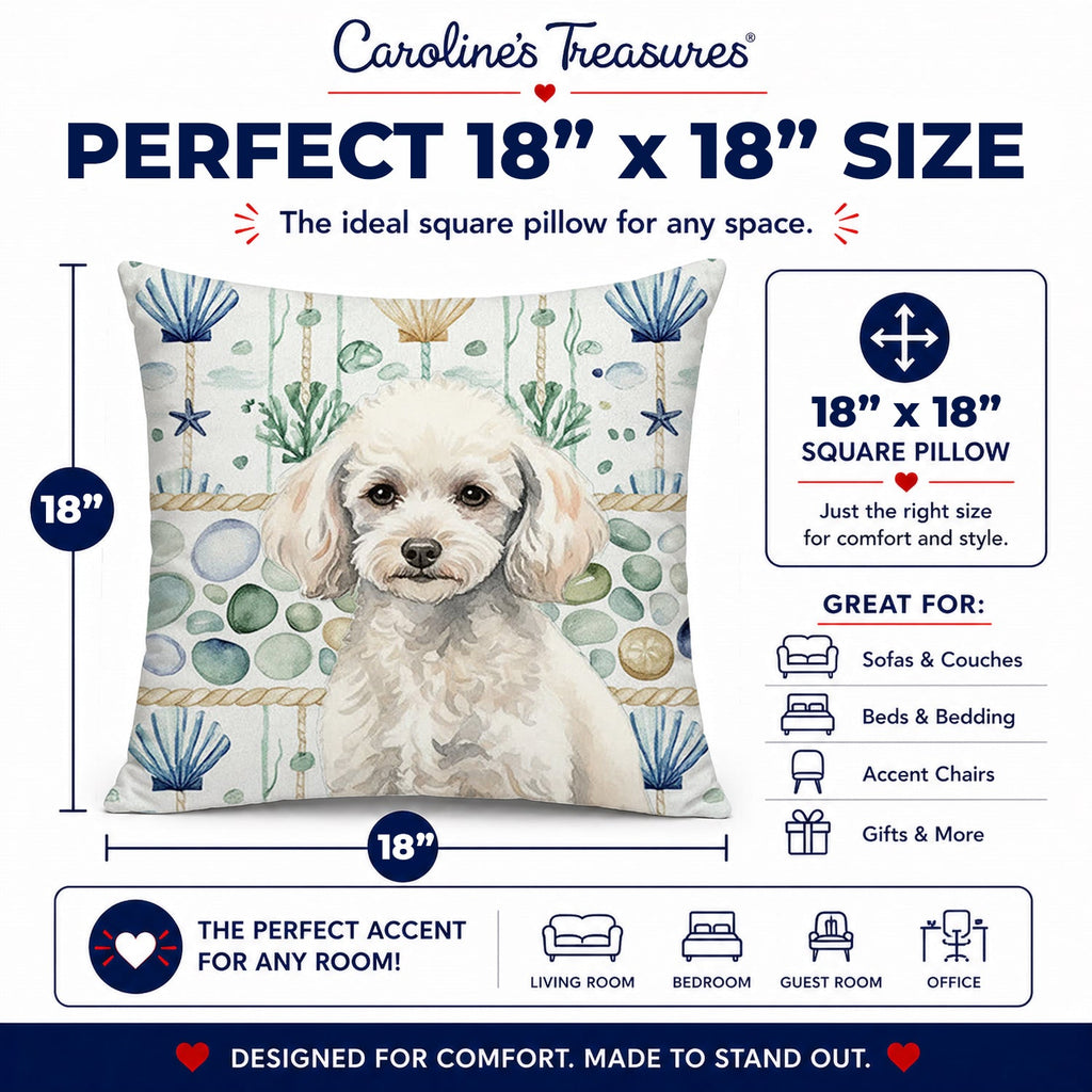 Miniature White Poodle Coastal Sea Glass Decorative Throw Pillow 18x18 Indoor Outdoor Accent Cushion, Fabric Cover with Insert for Sofa, Bed, Porch & Living Room